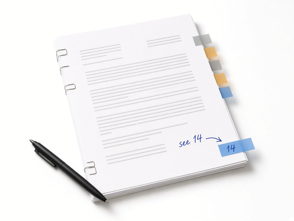 A contract bundle with coloured tabs marking a cap clause, its exclusions and a definition in another document.