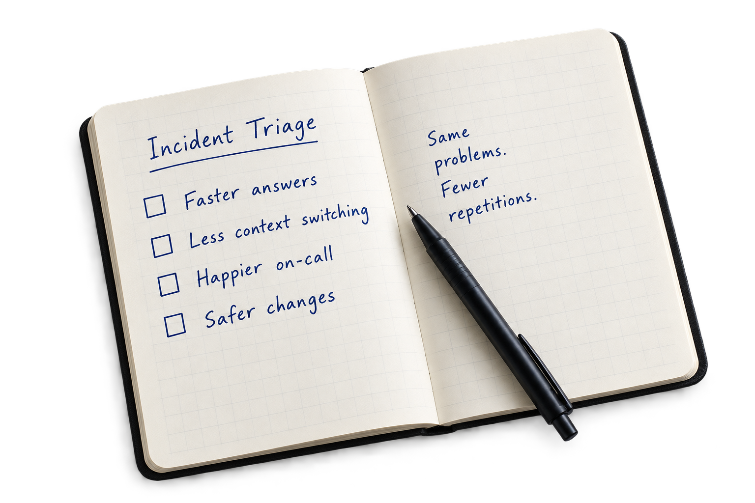An on-call notebook with a hand-drawn incident timeline and three circled hypotheses.