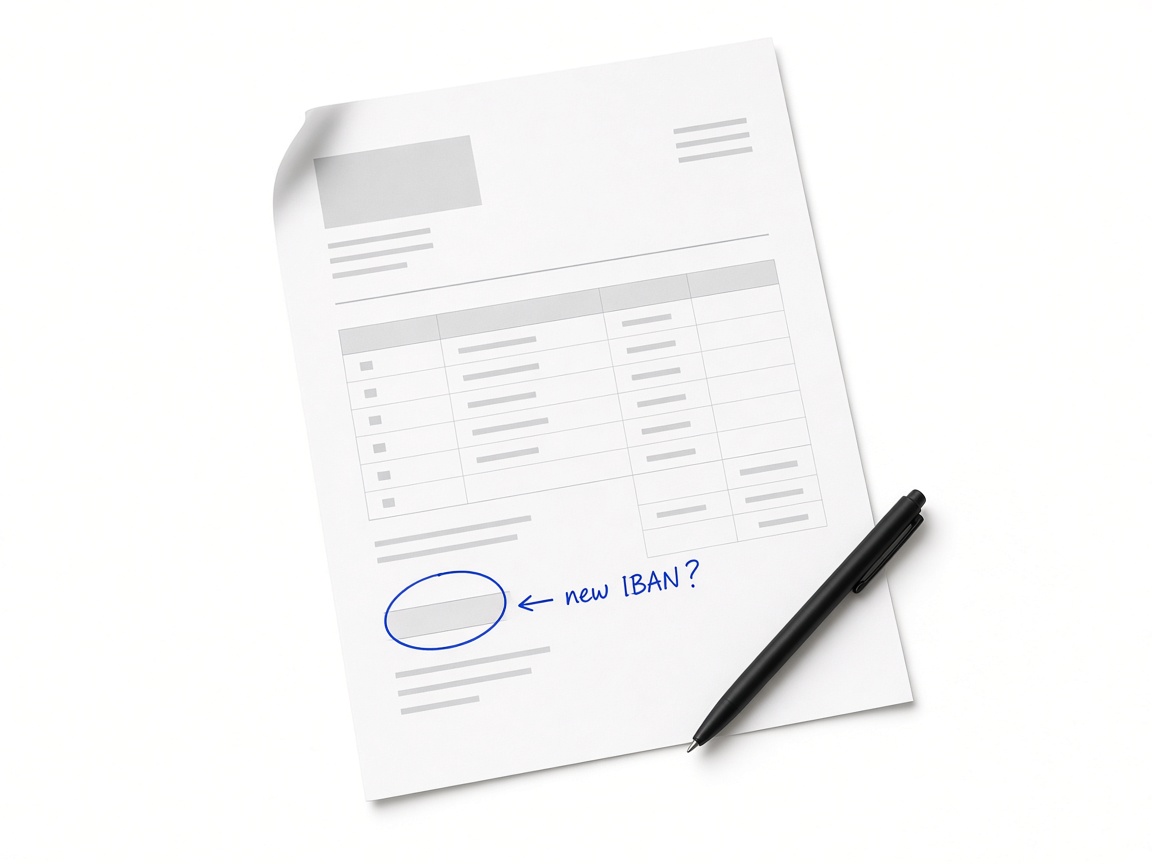 A printed invoice with one line circled in blue ink and a handwritten question about a new bank account.