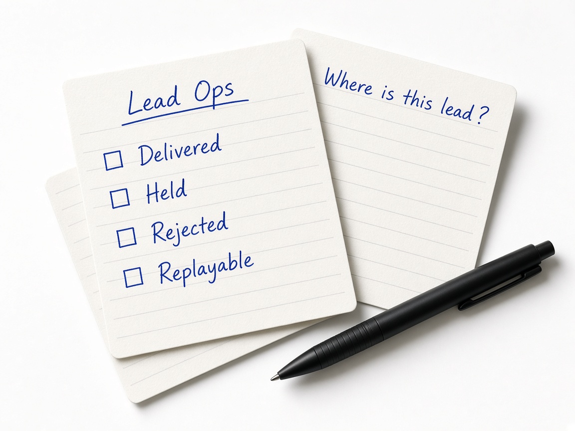 Index cards for inbound leads, one marked with a pencilled question about where it went.