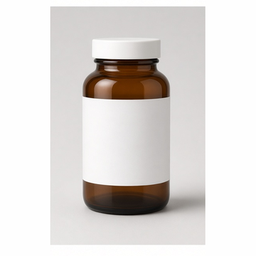 Product photo of an amber glass supplement bottle with a blank label.