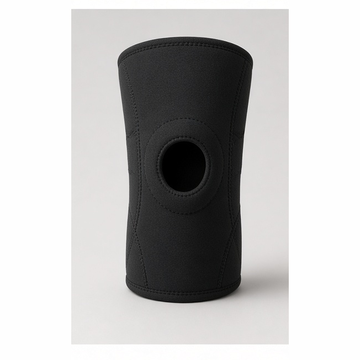 Product photo of a black neoprene knee support brace.