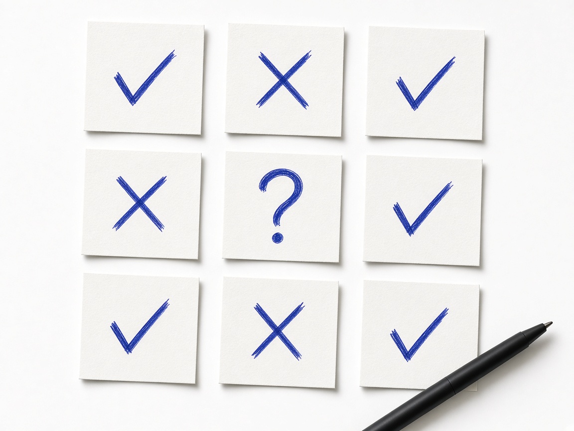 A grid of printed product listings with pencil marks separating flagged, allowed and unsure items.