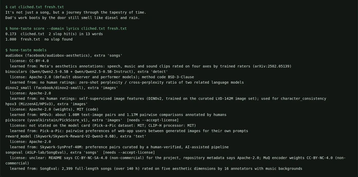 Terminal: hone-taste scores a cliched lyric line 0.173 and a concrete line 1.000, then lists its wrapped models with licences and training data.