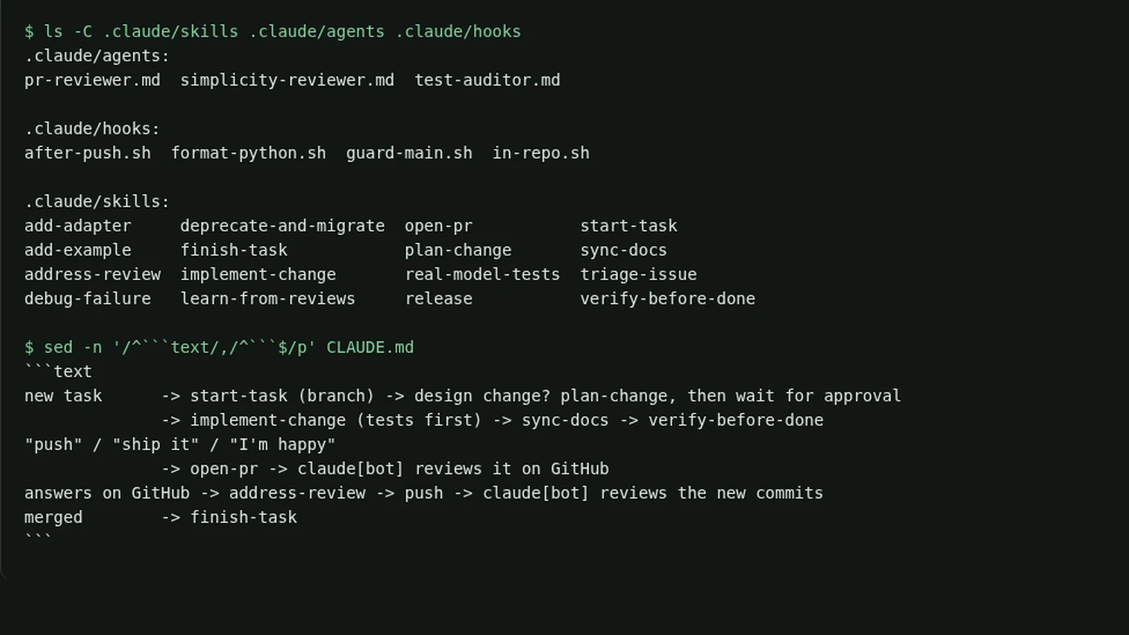 Terminal output captured 2026-09-30 in the hone-select repository: the Claude Code reviewer agents, hooks and sixteen skills, and the task flow from start-task through plan-change, implement-change, sync-docs, verify-before-done, open-pr, review and finish-task.